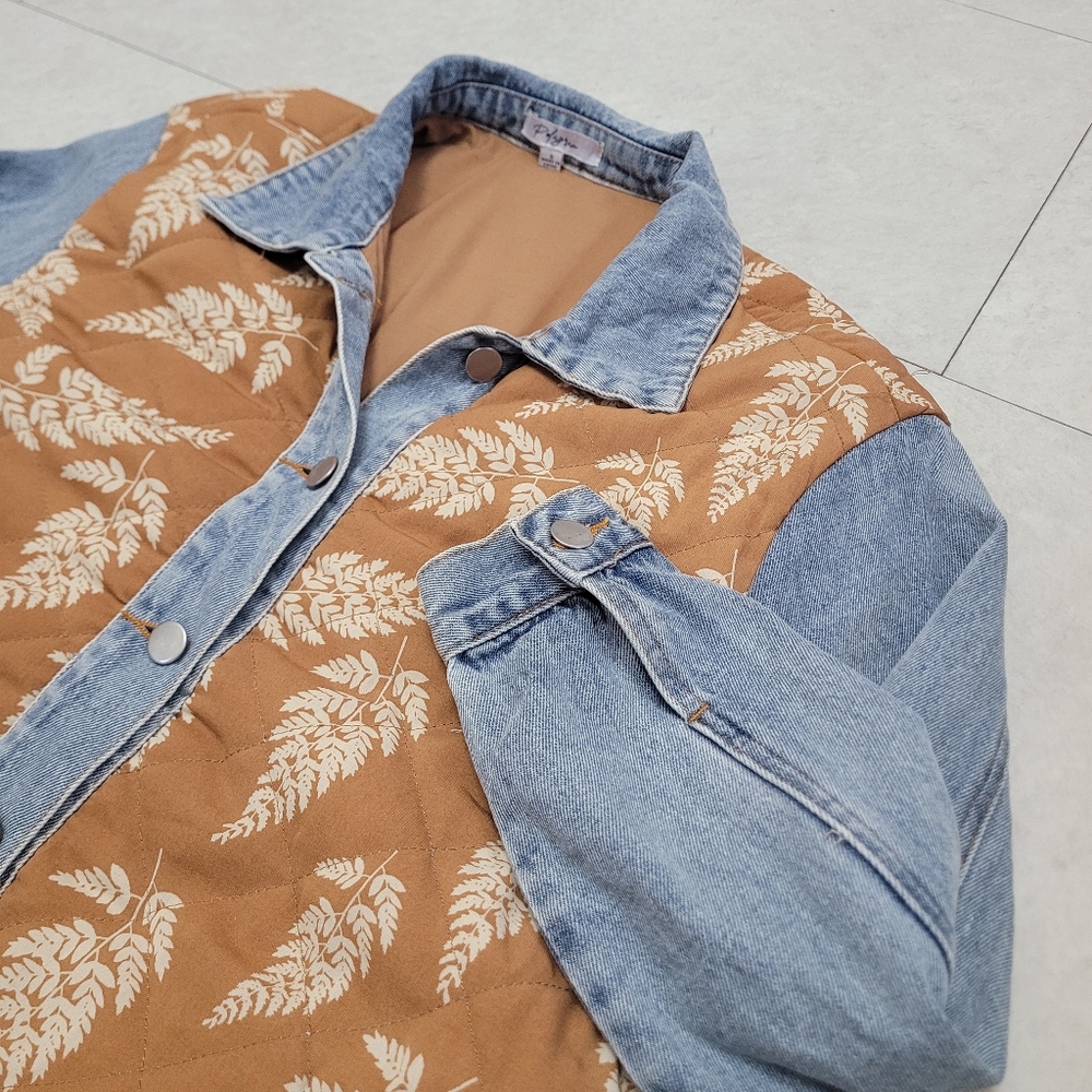 Polagram Quilted Denim Jacket Orange Fern Botanical Print small Bohemian Boho